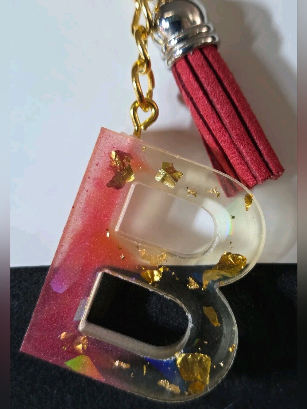 Pink Resin Letter B Keychain with Gold Flake and Tassel